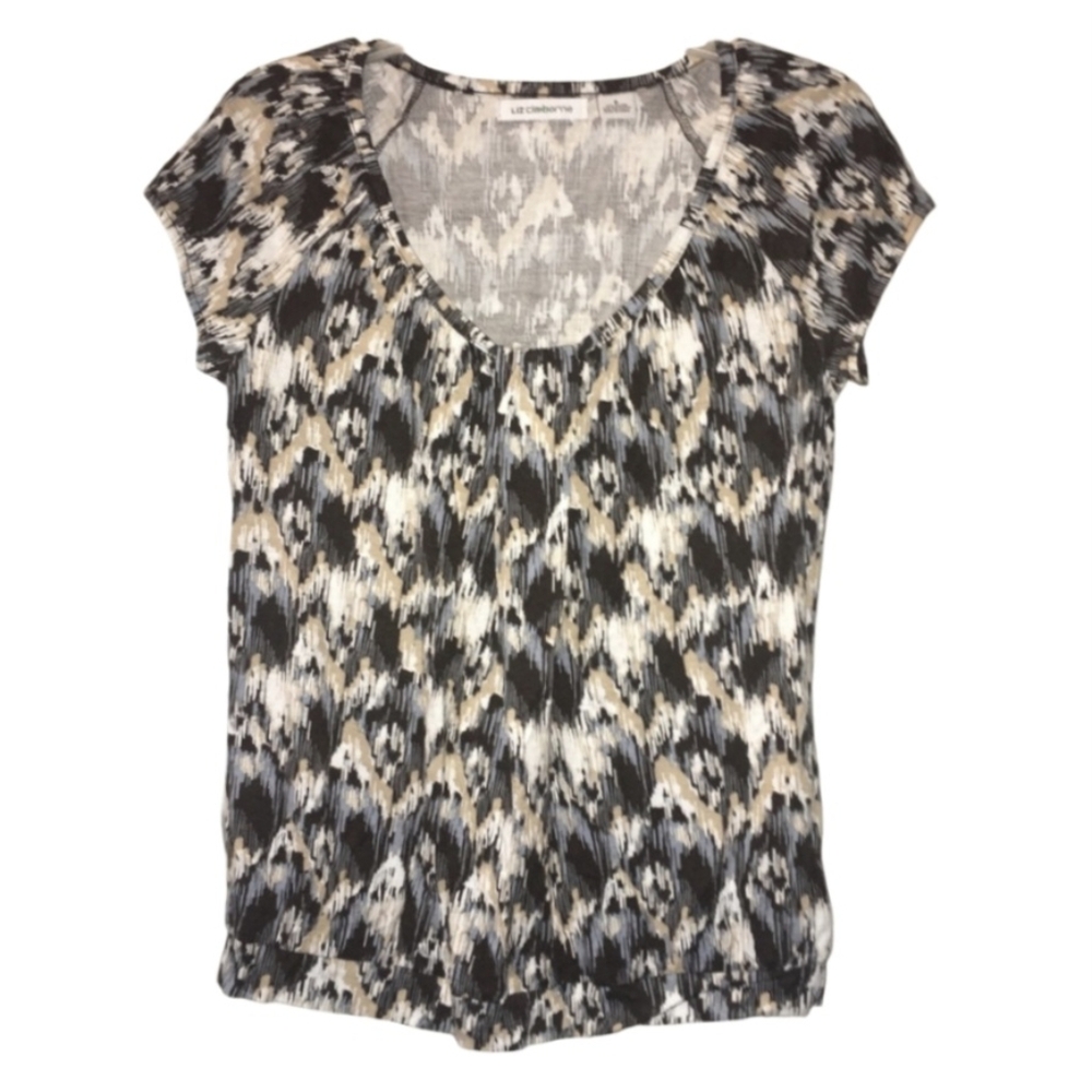 LIZ CLAIBORNE Scoop Neck Short Cap Sleeve Abstract Watercolor Top Womens Size S